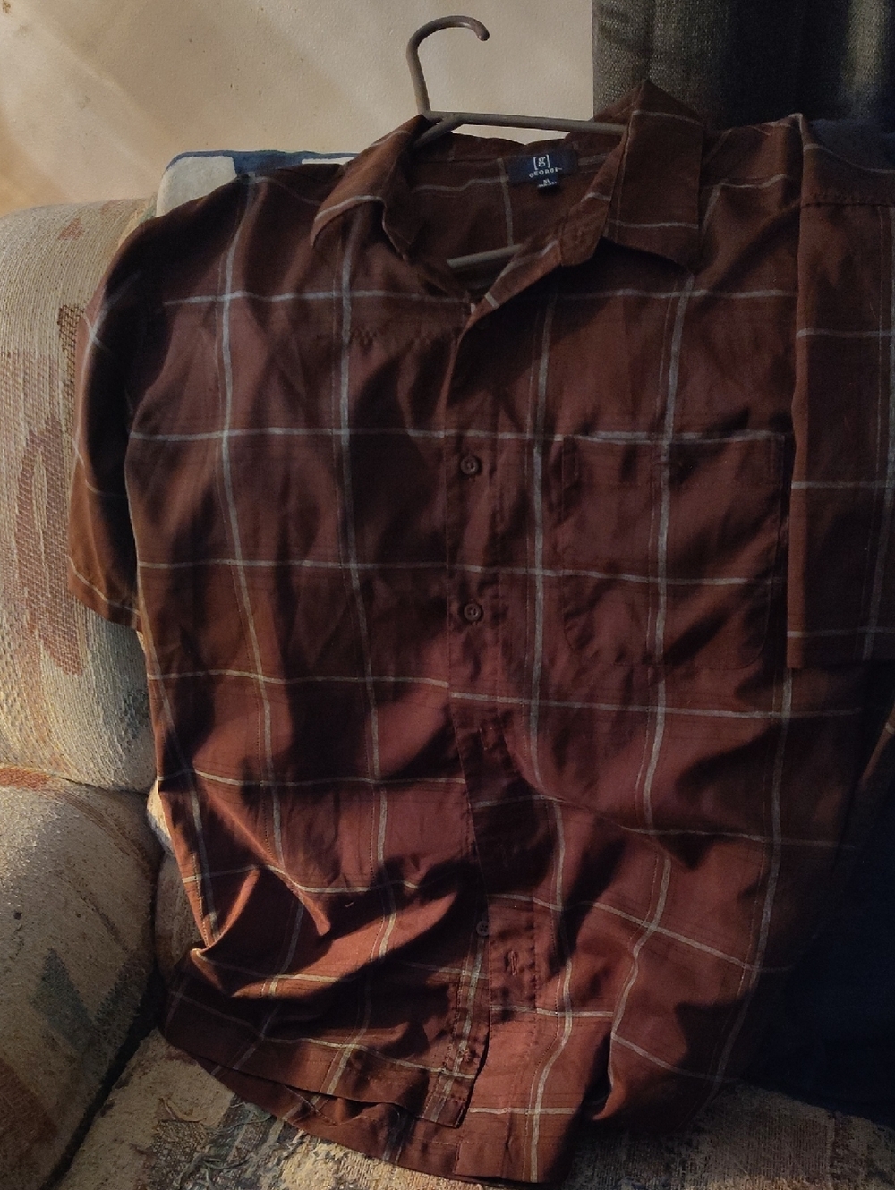 George Men's Brown Plaid Short Sleeve Button-Down Shirt With Pocket XL (46/48)
